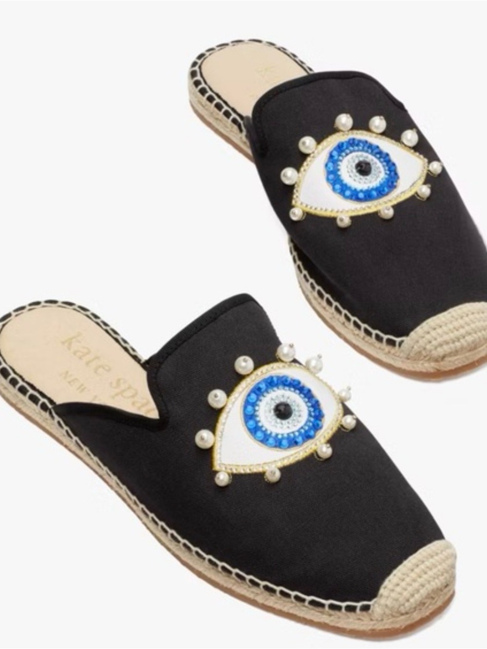 kate spade Black Canvas Evil Eye Pearl-Embellished Espadrille Mules